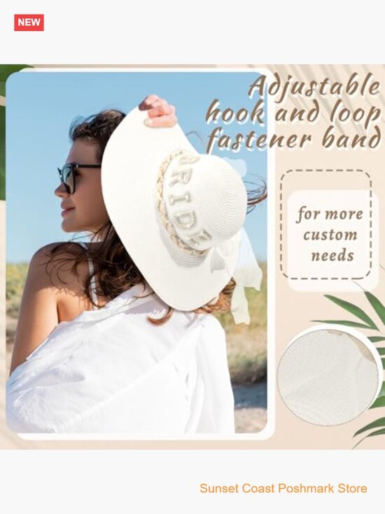 Women\'s Straw Wide Brim Sun Hat with Pearl Letter Patch for Bridal Wedding main image 5